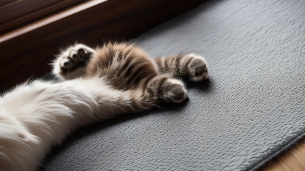 Gros plan d'une patte de chat se posant sur un tapis en coton épais.