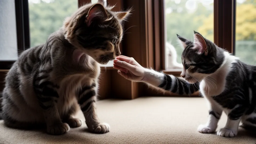 Main d'homme offrant une friandise à un chat pour le récompenser sur son tapis.