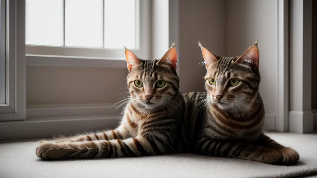 Chat tigré assis calmement sur son tapis près d'une fenêtre ensoleillée.
