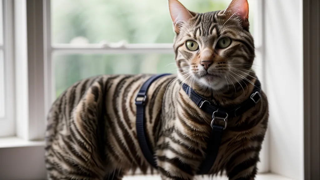 Gros plan d'un chat portant sereinement un harnais de sécurité en forme de H.